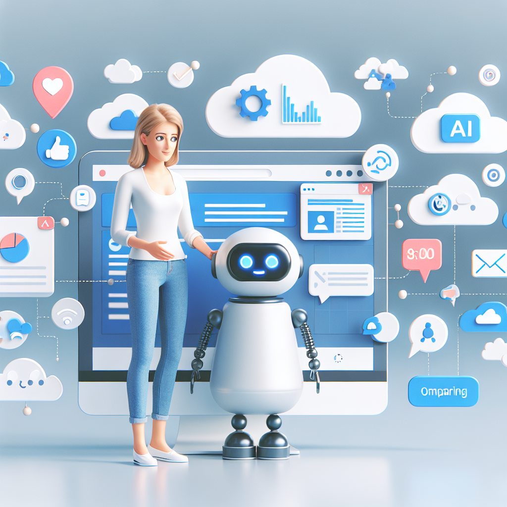 Illustration of ai bot assisting marketer in a cloud-based frameworks setting, with a creative mood.