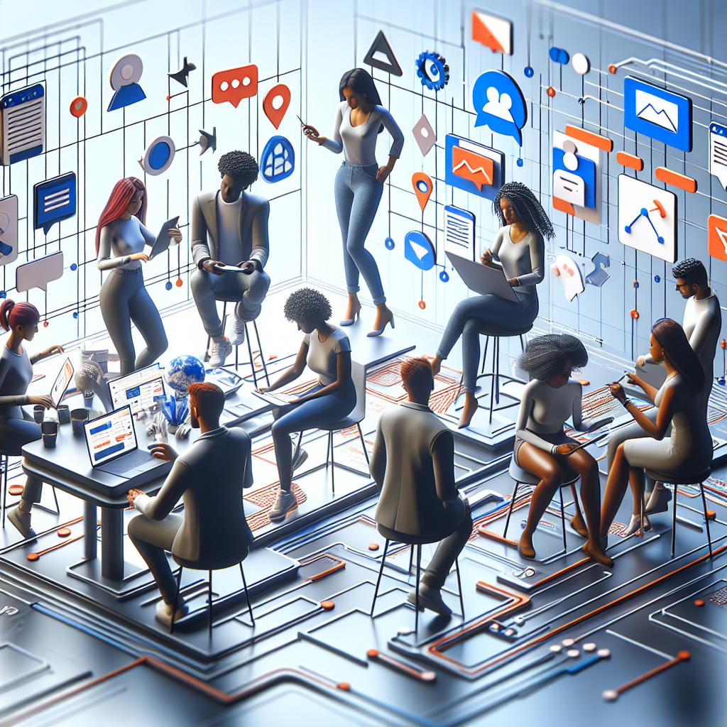 Illustration of team planning content in a abstract tech patterns setting, with a focused mood.