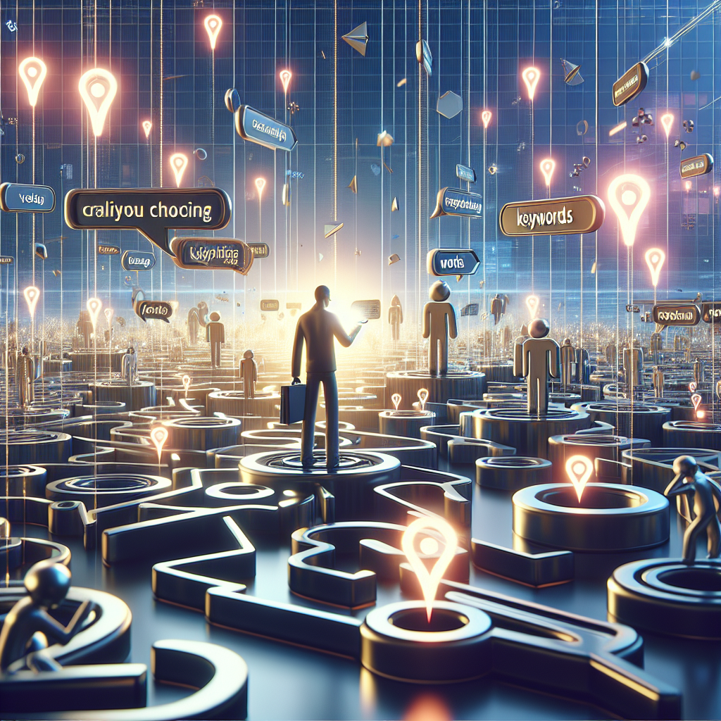 Illustration of user selecting keywords in a abstract tech patterns setting, with a focused mood.