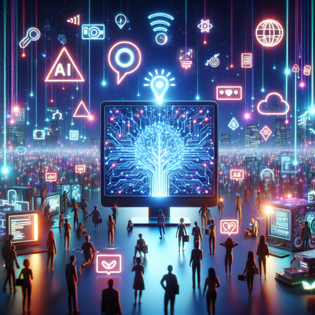 Illustration of computer screen with ai-generated article in a neon data streams setting, with a inspired mood.