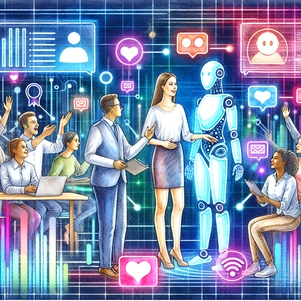 Illustration of ai bot assisting marketer in a neon data streams setting, with a creative mood.