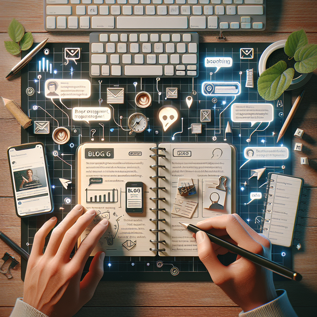 Illustration of open notebook with blog ideas in a keyboard and notebook flatlay setting, with a relaxed mood.