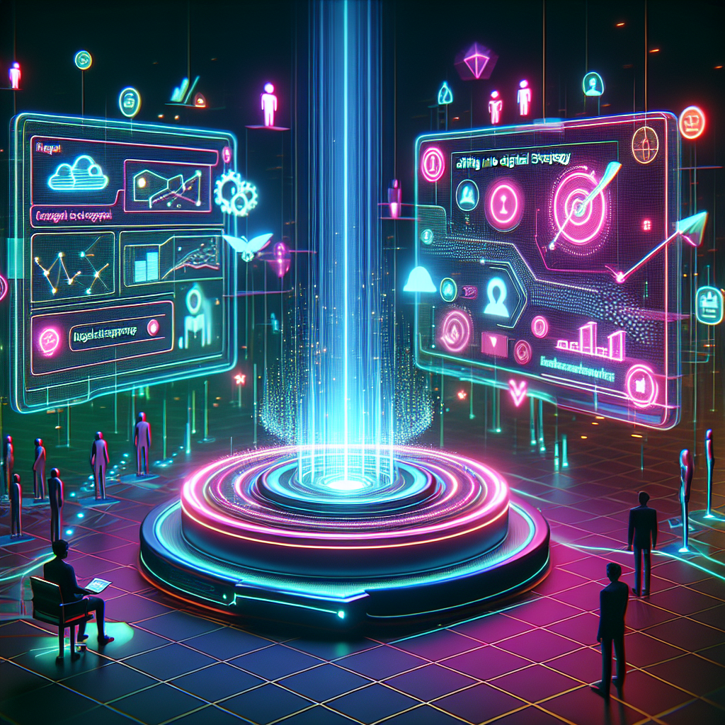 Illustration of user selecting keywords in a neon data streams setting, with a inspired mood.