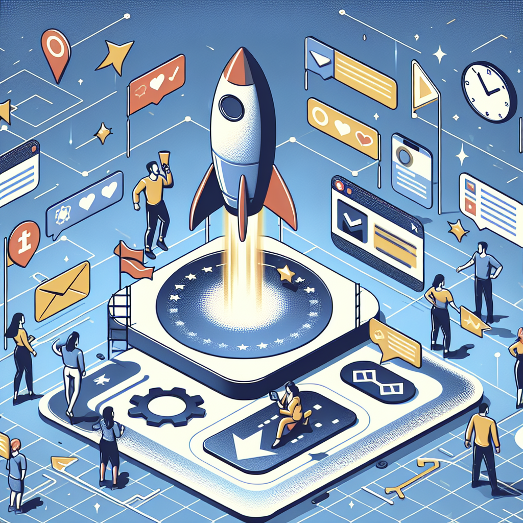 Illustration of individual launching campaign in a abstract tech patterns setting, with a determined mood.