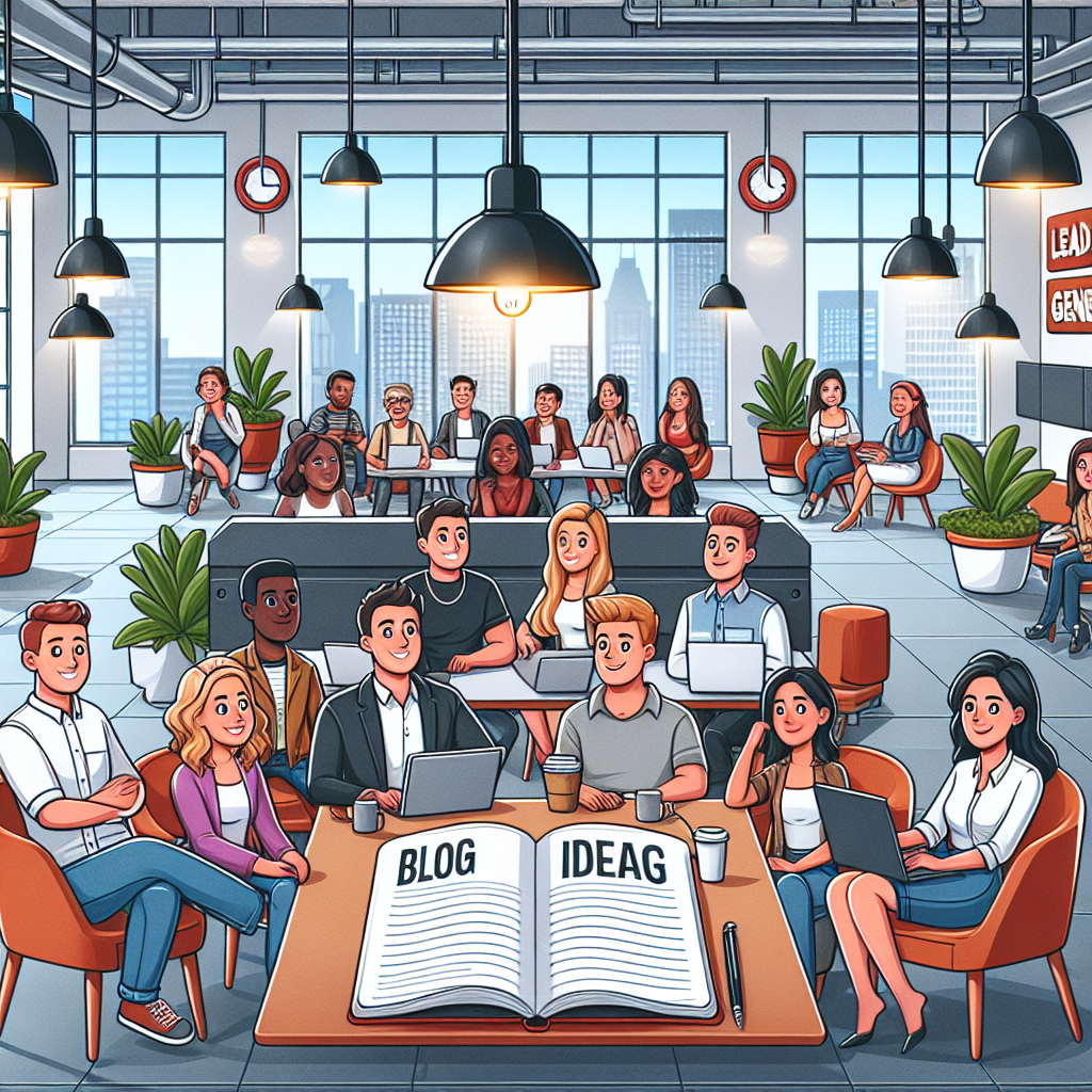 Illustration of open notebook with blog ideas in a modern co-working spaces setting, with a relaxed mood.