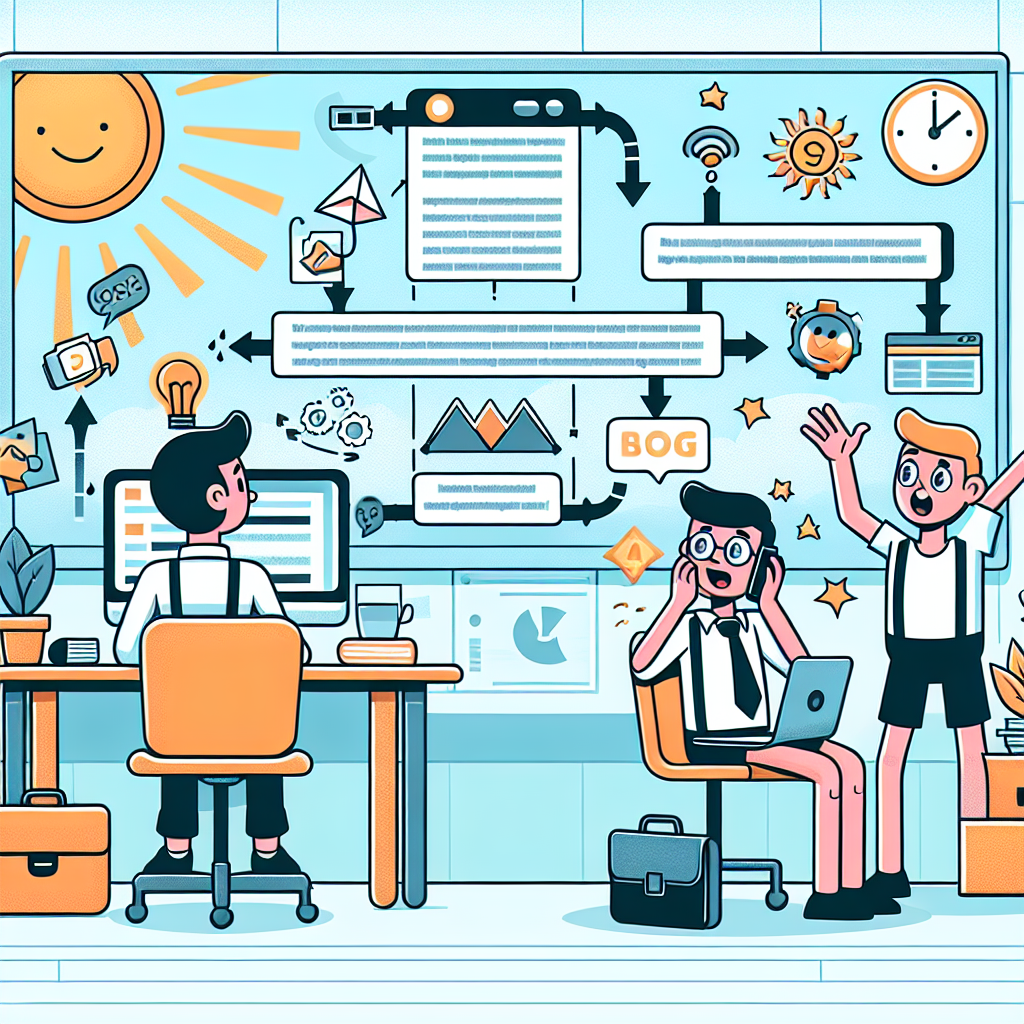 Illustration of graphic showing blog post flow in a sunlit content strategy wall setting, with a inspired mood.