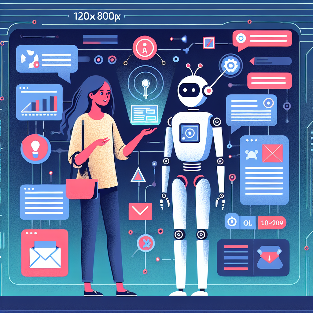 Illustration of ai bot assisting marketer in a abstract tech patterns setting, with a inspired mood.