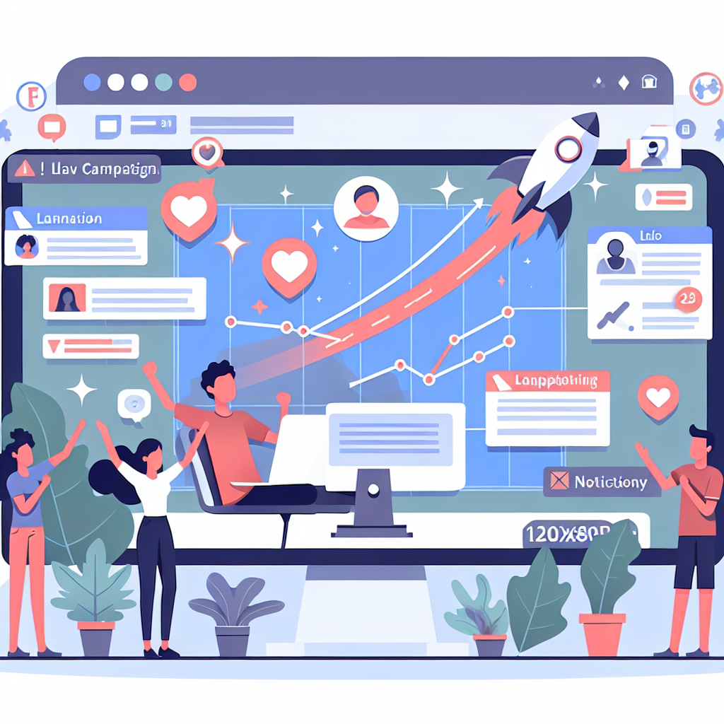 Illustration of individual launching campaign in a digital dashboard interface setting, with a creative mood.