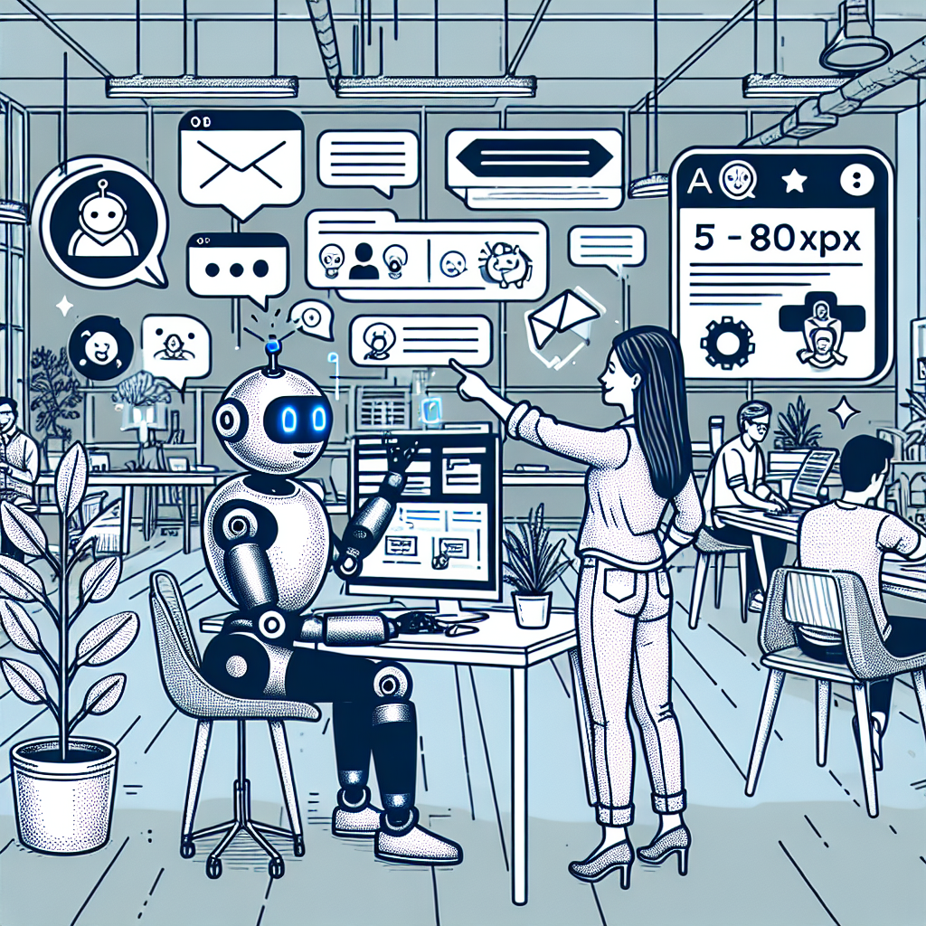Illustration of ai bot assisting marketer in a modern co-working spaces setting, with a creative mood.