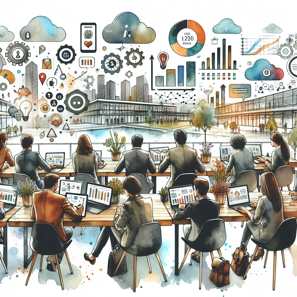 Illustration of hands on tablet showing analytics in a modern co-working spaces setting, with a inspired mood.