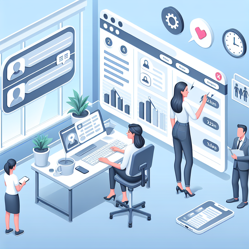 Illustration of marketer scheduling content in a minimal office desk setting, with a relaxed mood.