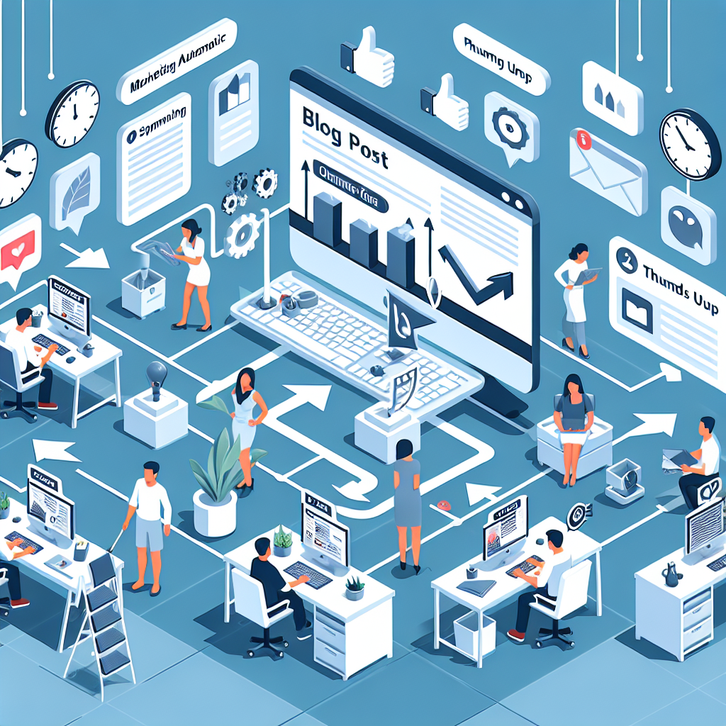 Illustration of graphic showing blog post flow in a minimal office desk setting, with a focused mood.