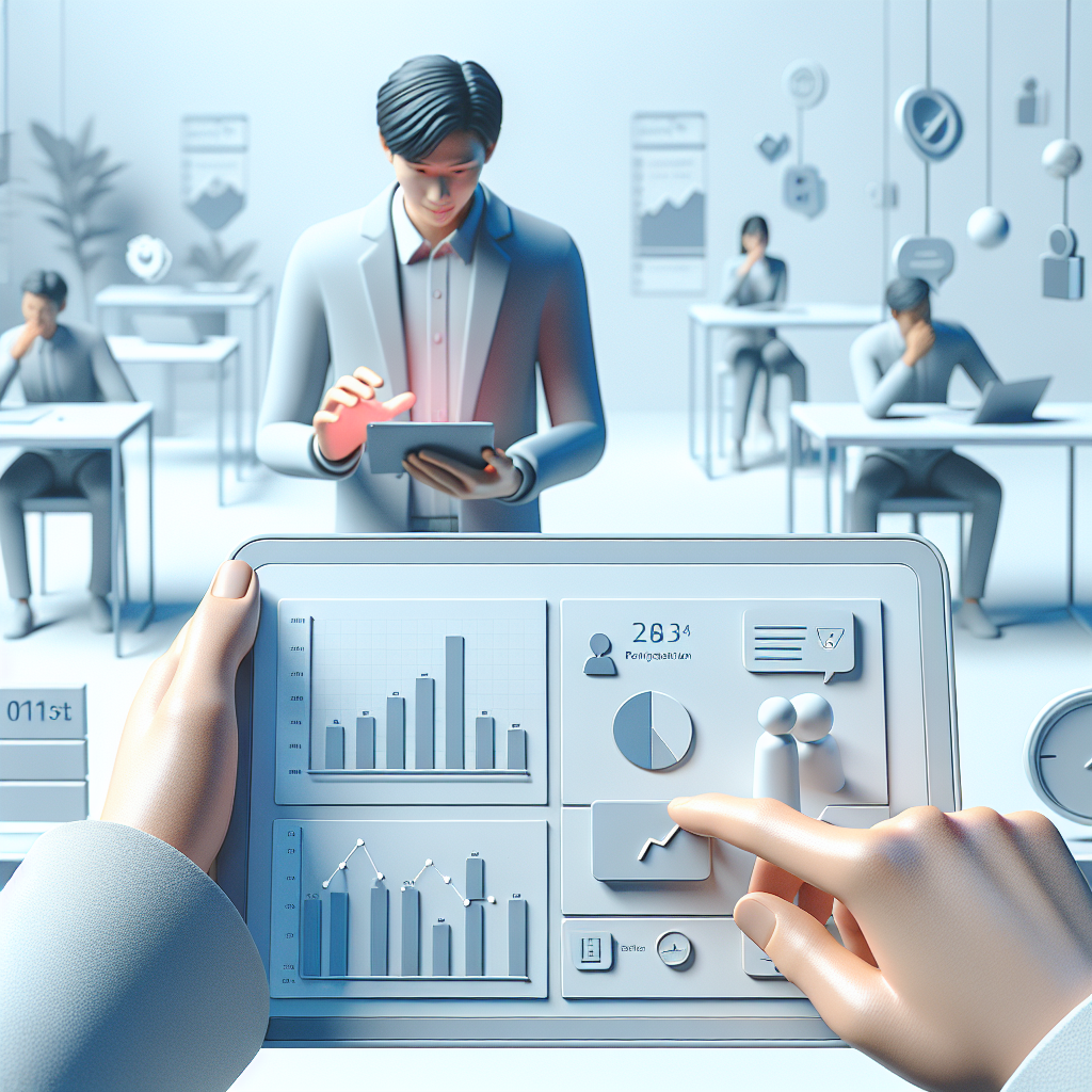 Illustration of hands on tablet showing analytics in a minimal office desk setting, with a determined mood.