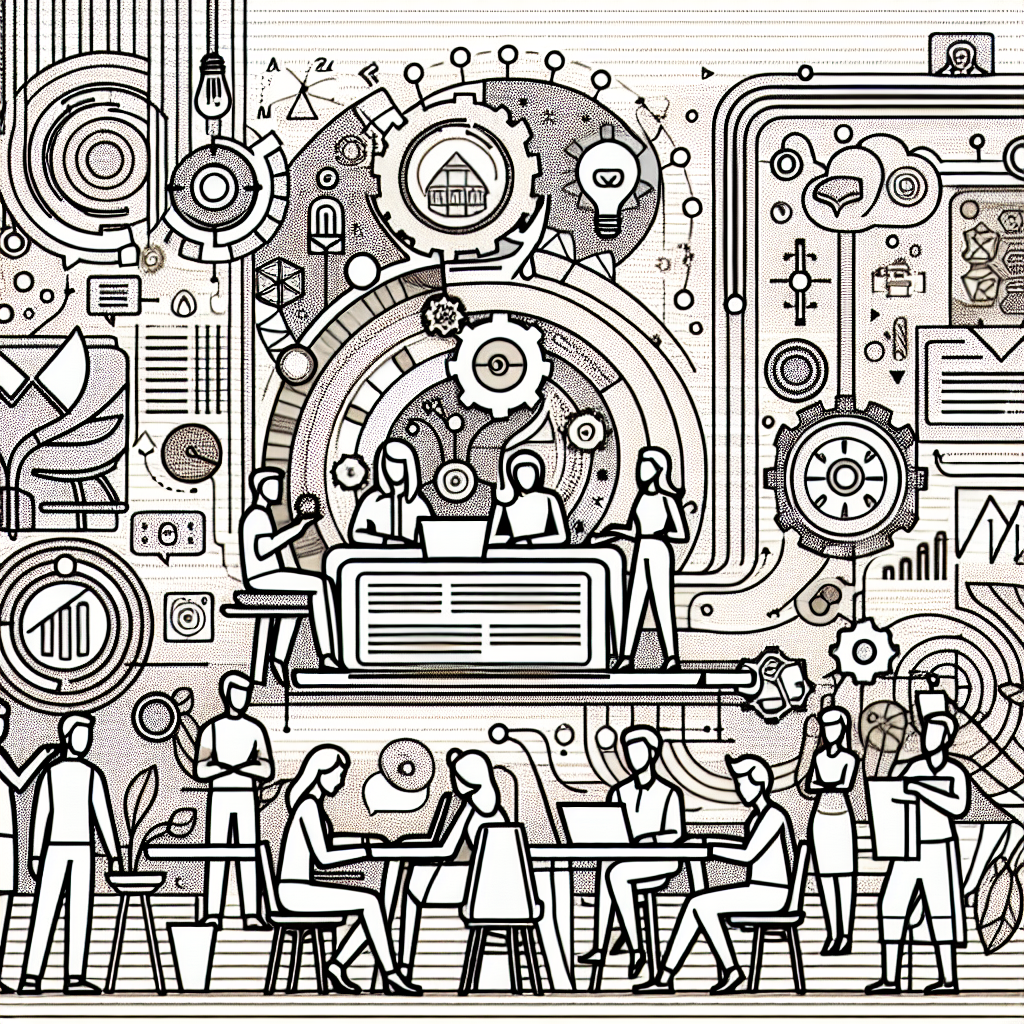 Illustration of team planning content in a abstract tech patterns setting, with a relaxed mood.