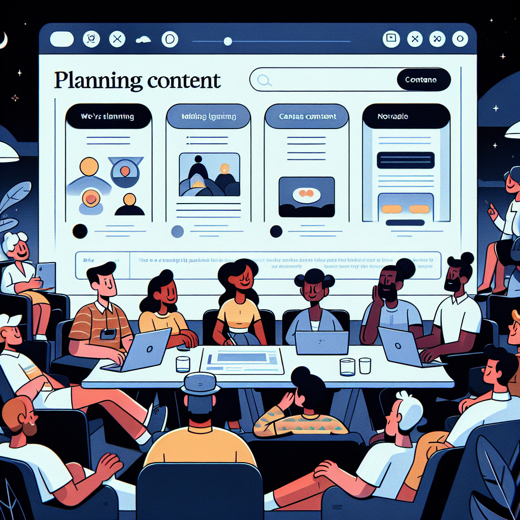 Illustration of team planning content in a dark mode user interface setting, with a relaxed mood.