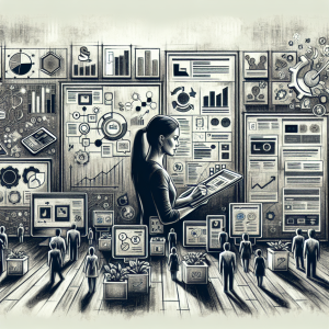 Illustration of marketer scheduling content in a sunlit content strategy wall setting, with a creative mood.