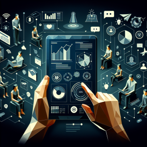 Illustration of hands on tablet showing analytics in a dark mode user interface setting, with a relaxed mood.