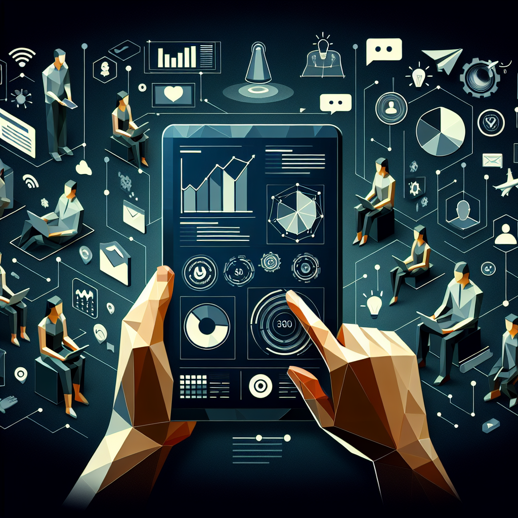 Illustration of hands on tablet showing analytics in a dark mode user interface setting, with a relaxed mood.