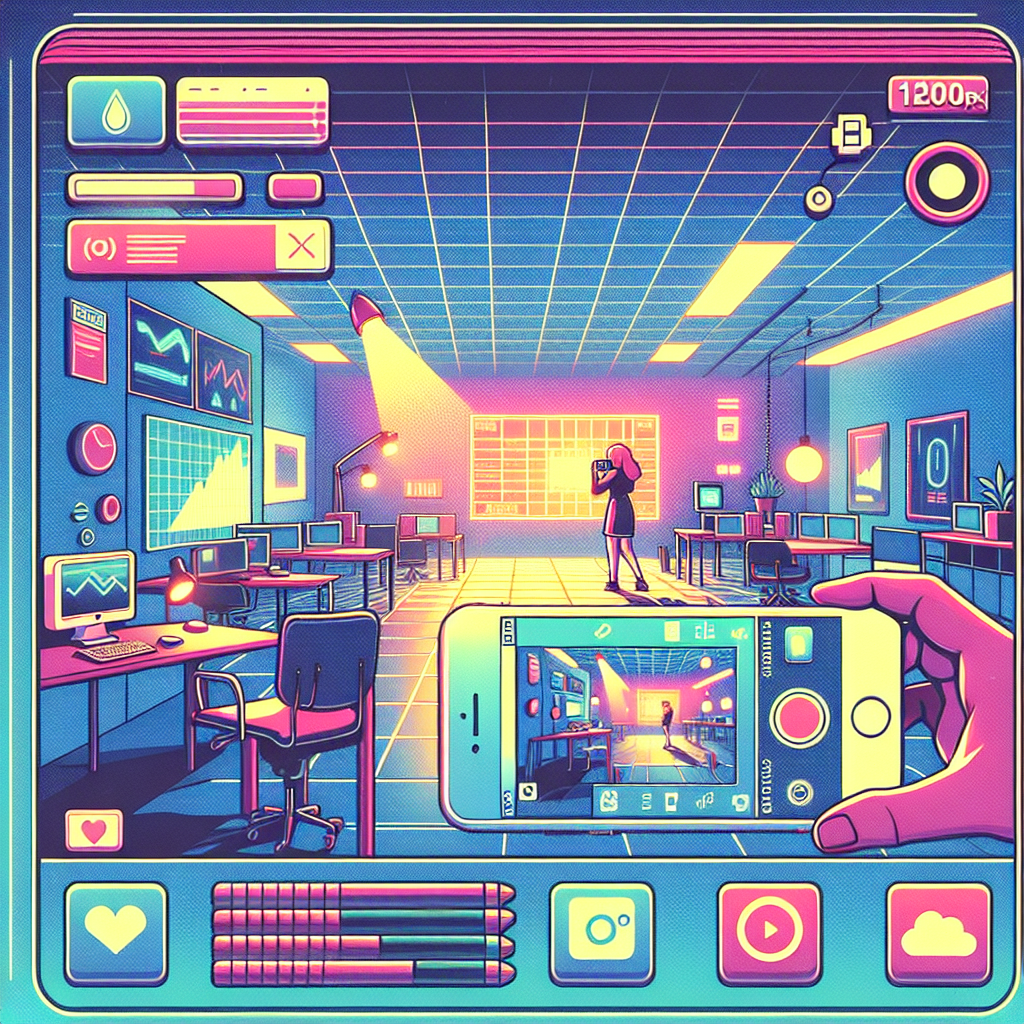 Illustration of person taking photo with iphone in a bright daylight studios setting, with a focused mood.