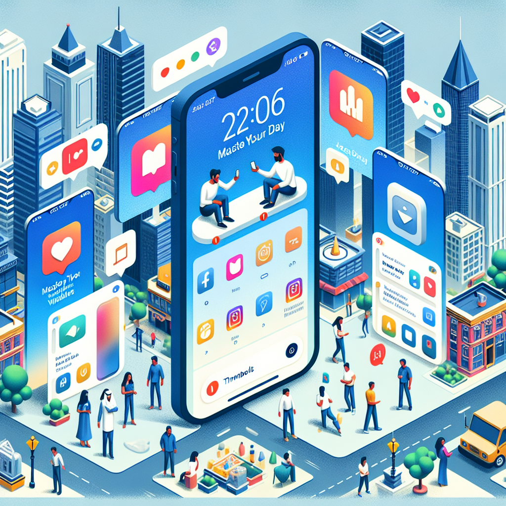 Illustration of iphone thumbnails side by side in a urban cityscapes setting, with a creative mood.