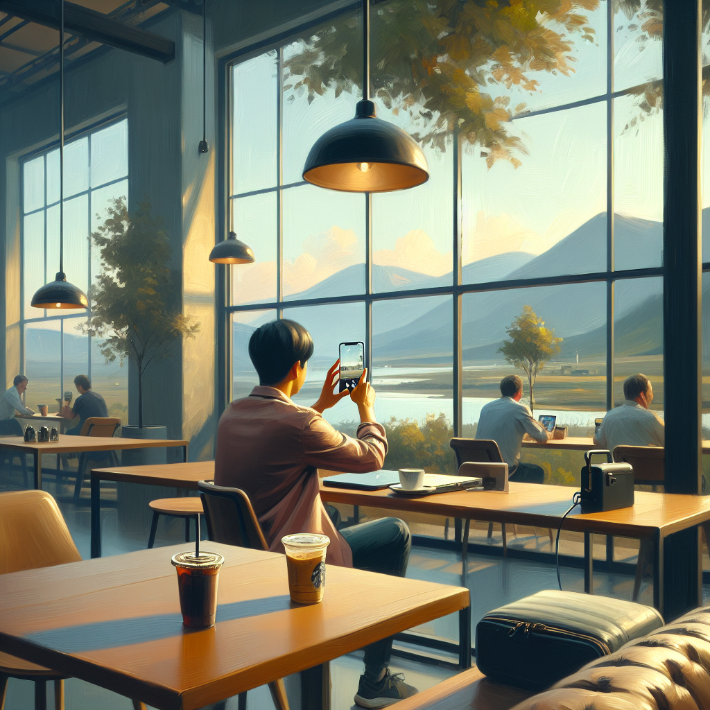Illustration of person taking photo with iphone in a coffee shops setting, with a relaxed mood.