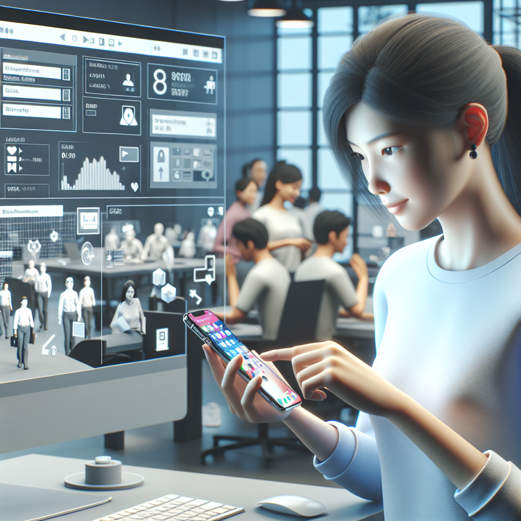 Illustration of user interacting with iphone in a modern workspaces setting, with a determined mood.