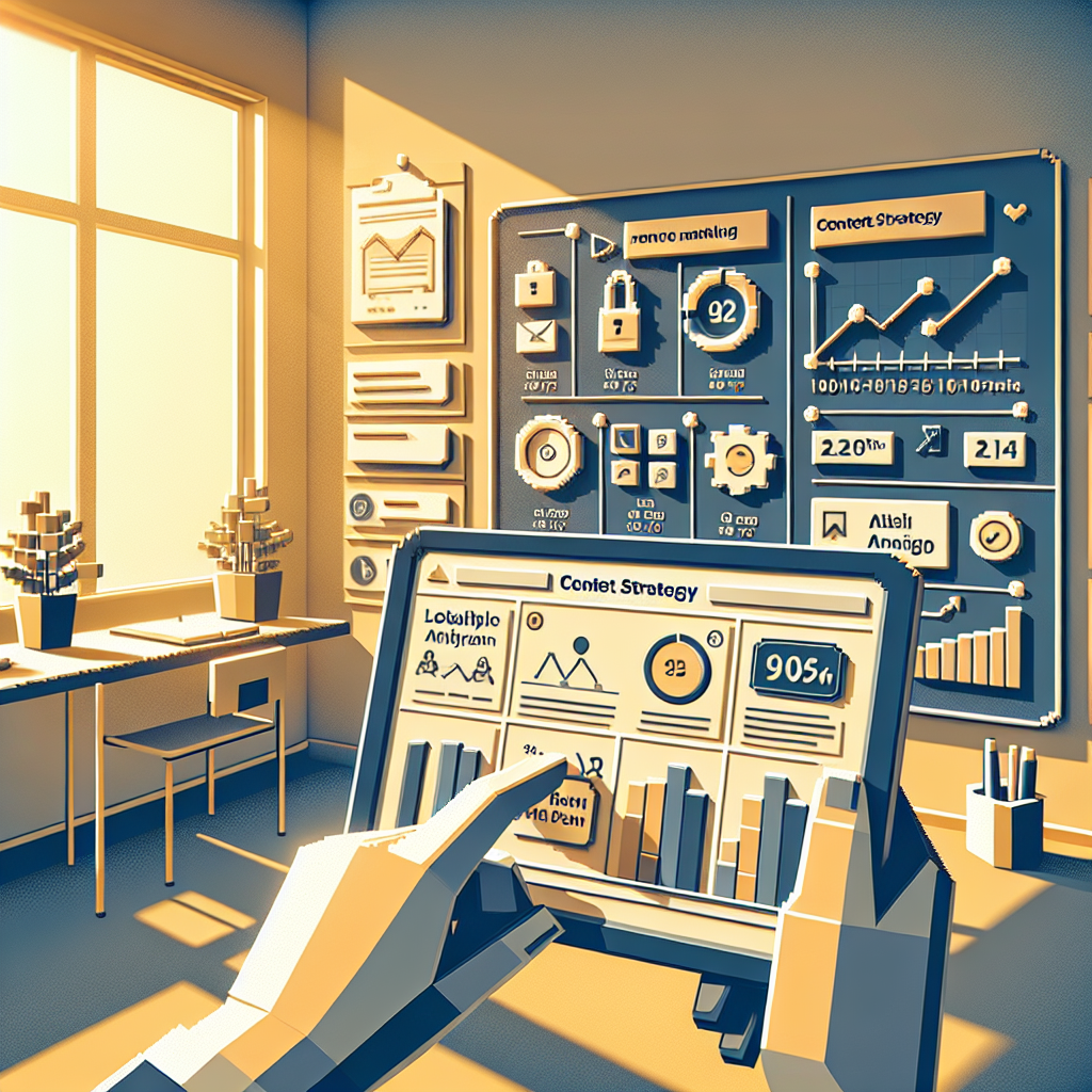 Illustration of hands on tablet showing analytics in a sunlit content strategy wall setting, with a determined mood.