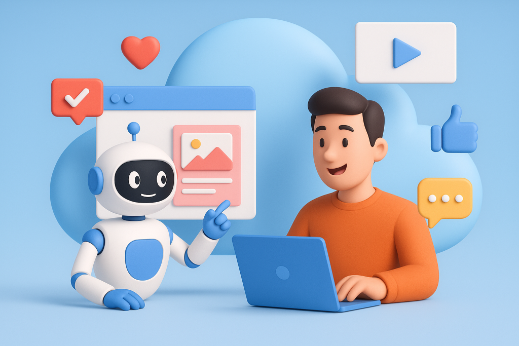Illustration of ai bot assisting marketer in a cloud-based frameworks setting, with a relaxed mood.