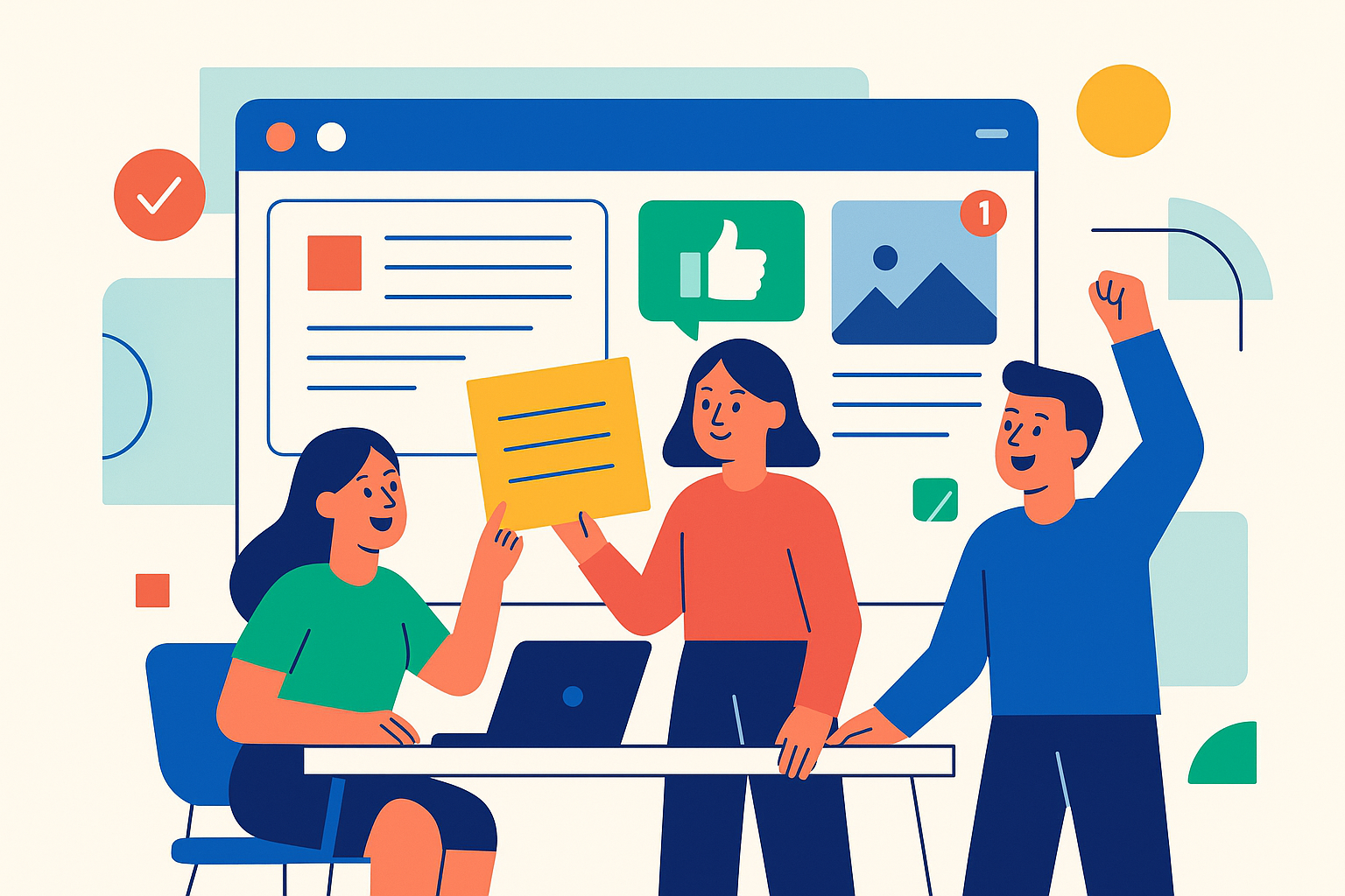 Illustration of team planning content in a digital dashboard interface setting, with a happy mood.