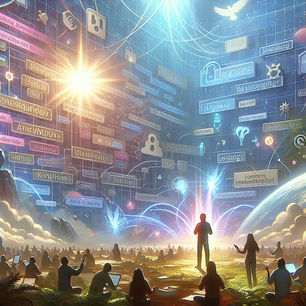 Illustration of user selecting keywords in a sunlit content strategy wall setting, with a inspired mood.