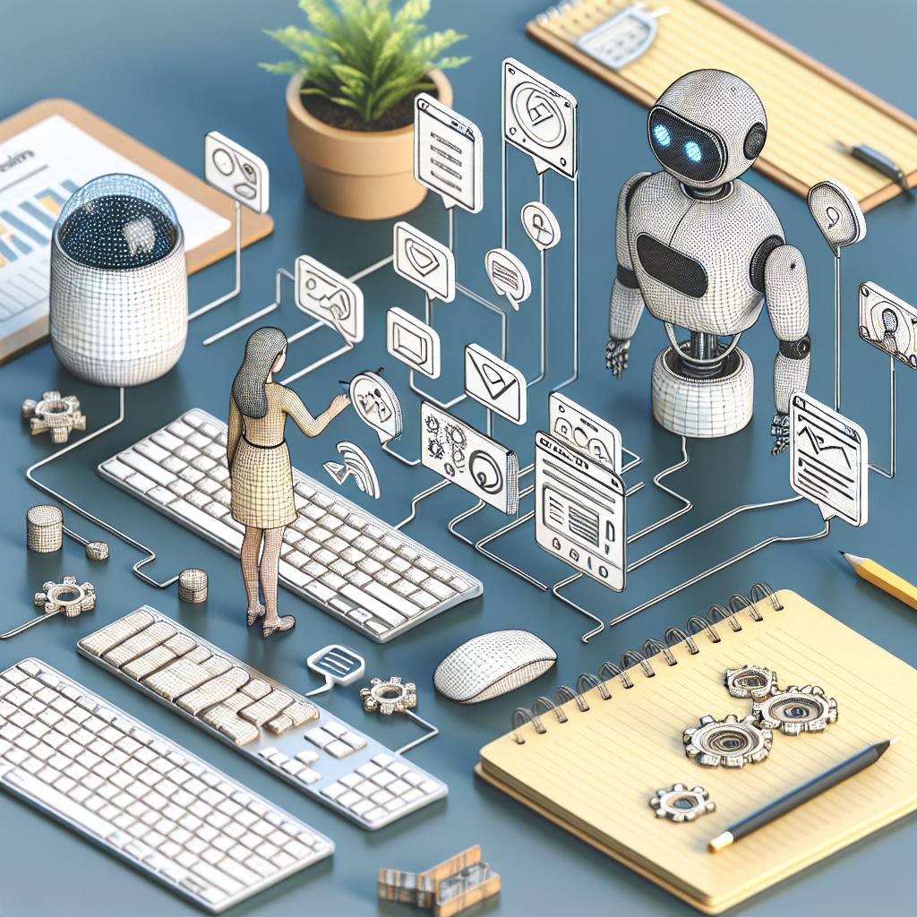 Illustration of ai bot assisting marketer in a keyboard and notebook flatlay setting, with a focused mood.