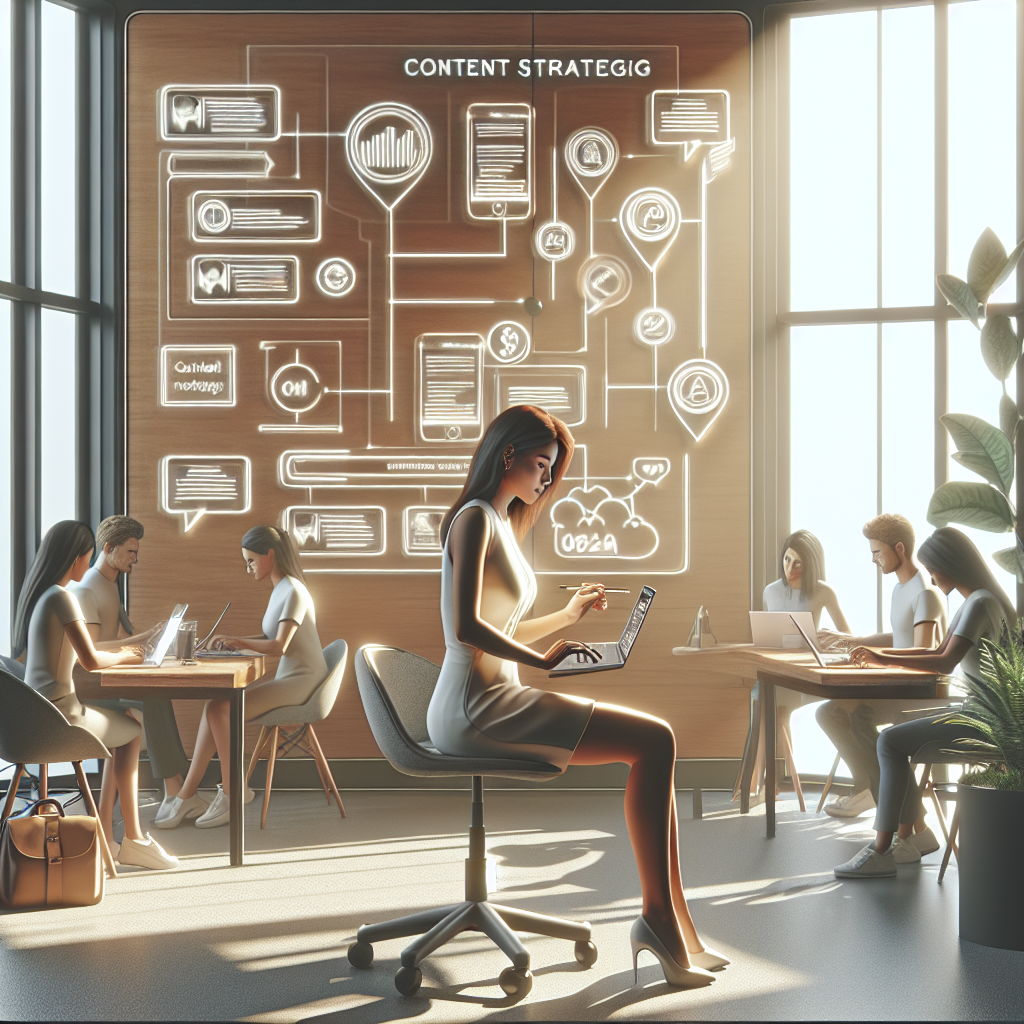 Illustration of marketer scheduling content in a sunlit content strategy wall setting, with a relaxed mood.