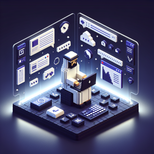 Illustration of person typing on laptop in a dark mode user interface setting, with a determined mood.