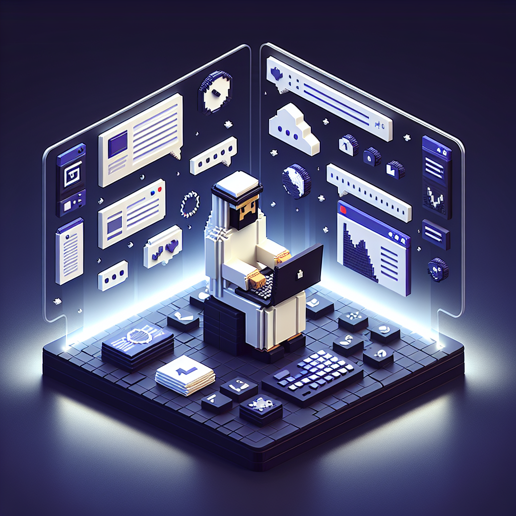 Illustration of person typing on laptop in a dark mode user interface setting, with a determined mood.