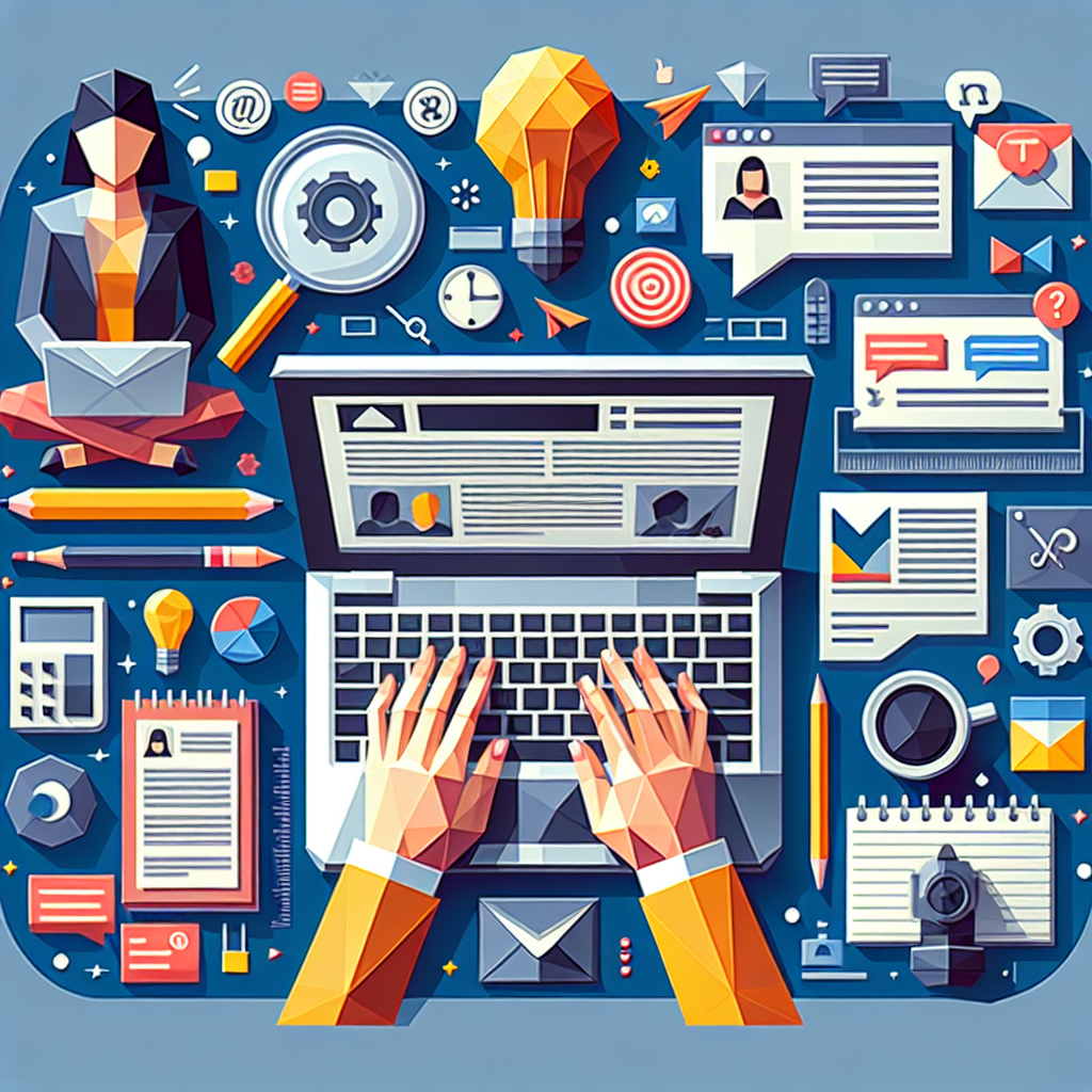 Illustration of person typing on laptop in a keyboard and notebook flatlay setting, with a determined mood.