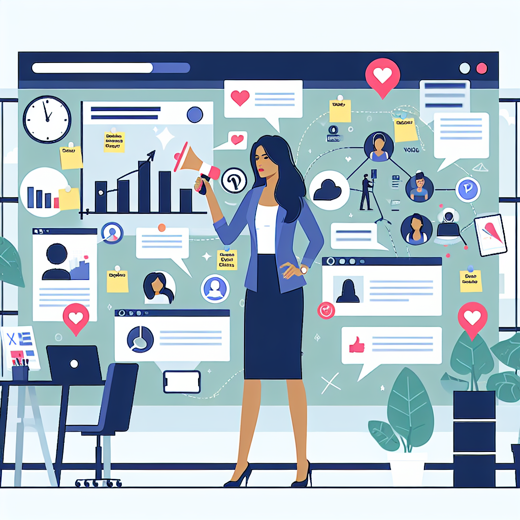 Illustration of individual launching campaign in a sunlit content strategy wall setting, with a determined mood.