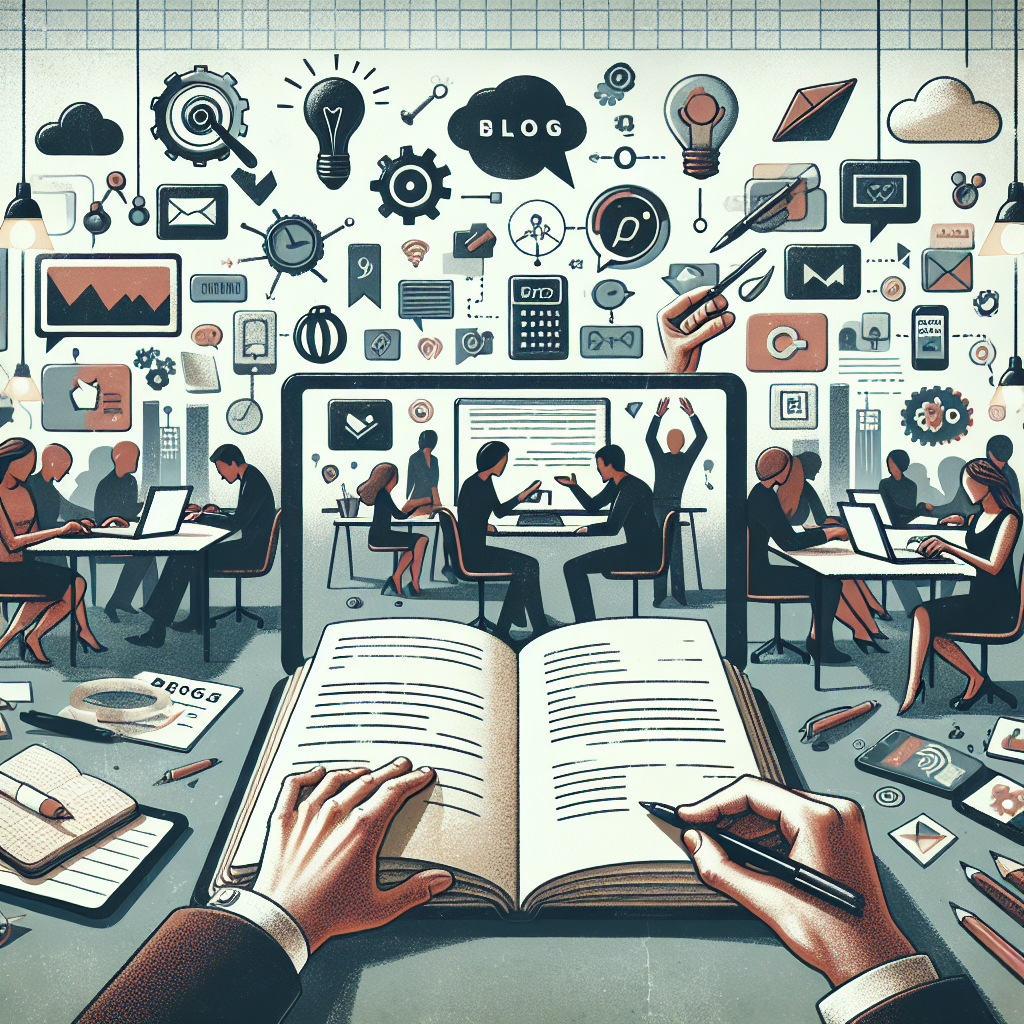 Illustration of open notebook with blog ideas in a minimal office desk setting, with a determined mood.