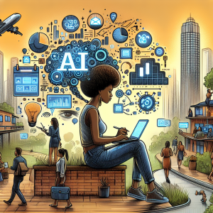 Illustration of marketer scheduling content in a modern co-working spaces setting, with a determined mood.