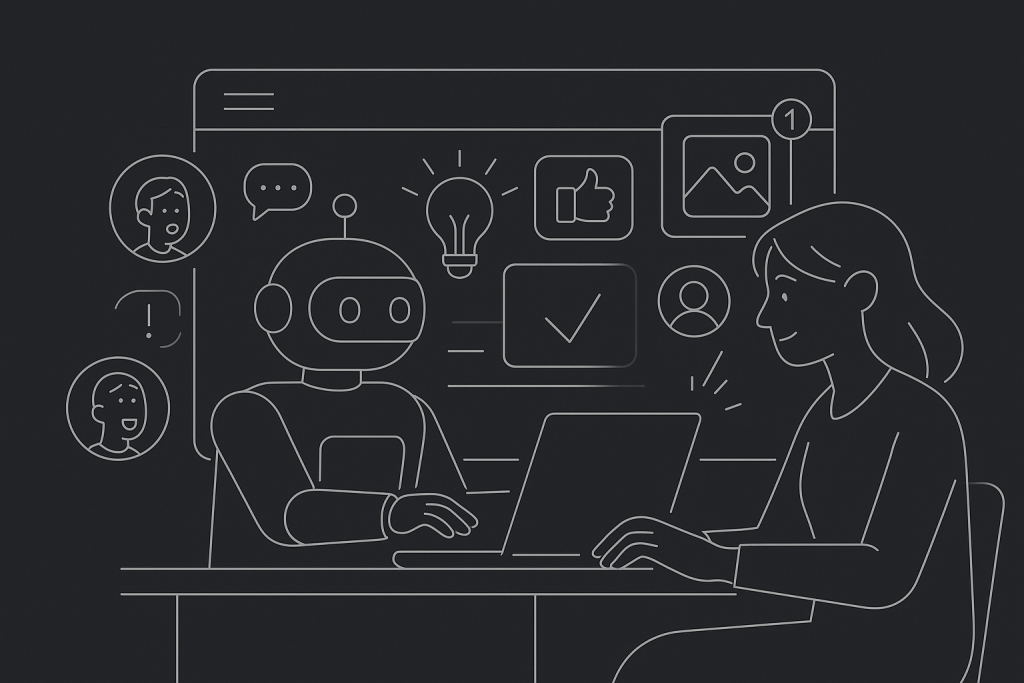 Illustration of ai bot assisting marketer in a dark mode user interface setting, with a creative mood.