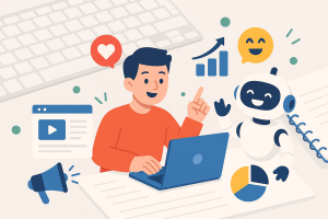 Illustration of ai bot assisting marketer in a keyboard and notebook flatlay setting, with a happy mood.