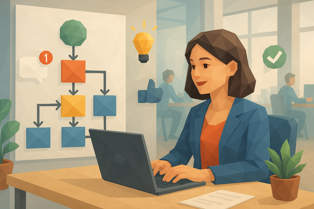 Illustration of graphic showing blog post flow in a modern co-working spaces setting, with a happy mood.