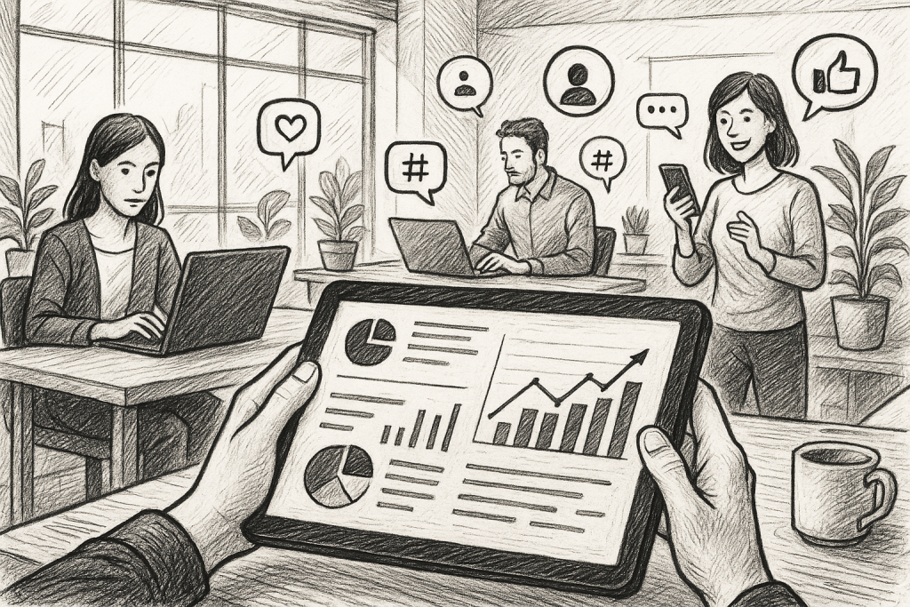 Illustration of hands on tablet showing analytics in a modern co-working spaces setting, with a focused mood.