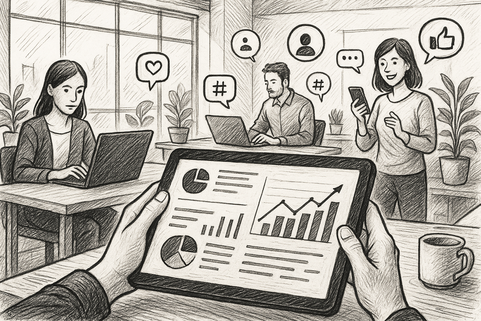 Illustration of hands on tablet showing analytics in a modern co-working spaces setting, with a focused mood.