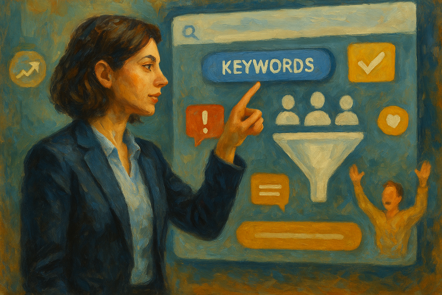 Illustration of user selecting keywords in a digital dashboard interface setting, with a inspired mood.