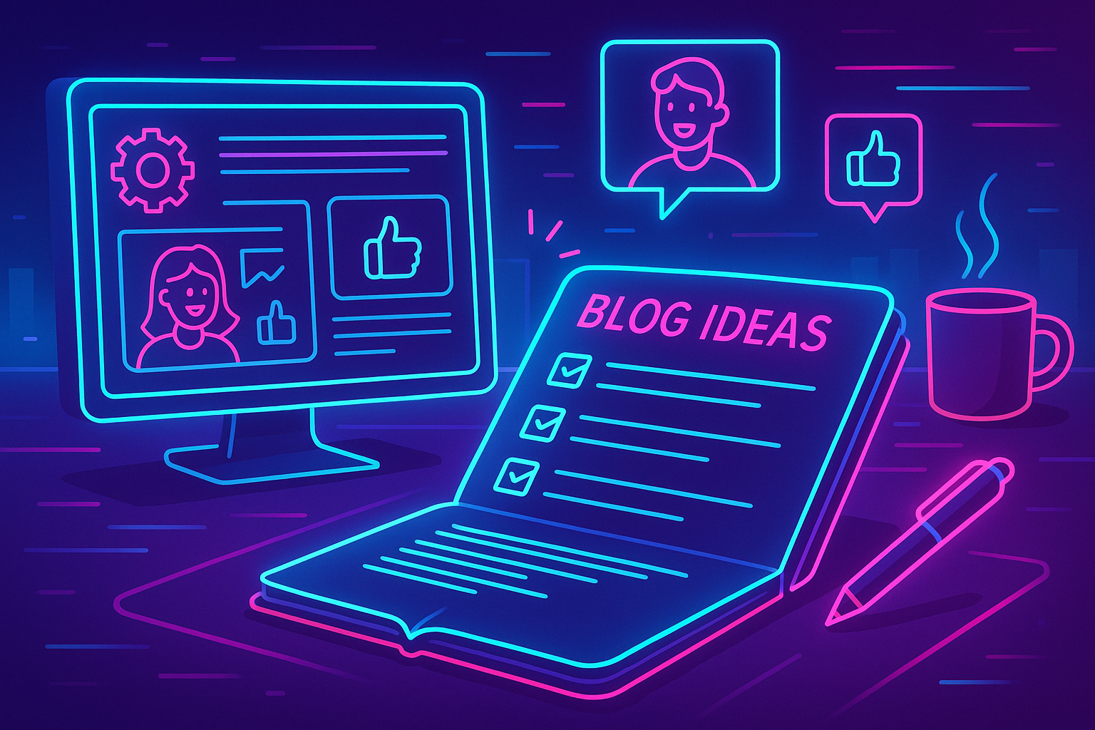 Illustration of open notebook with blog ideas in a minimal office desk setting, with a happy mood.