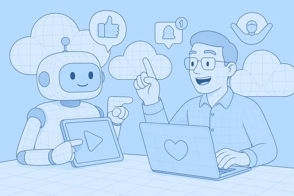 Illustration of ai bot assisting marketer in a cloud-based frameworks setting, with a inspired mood.