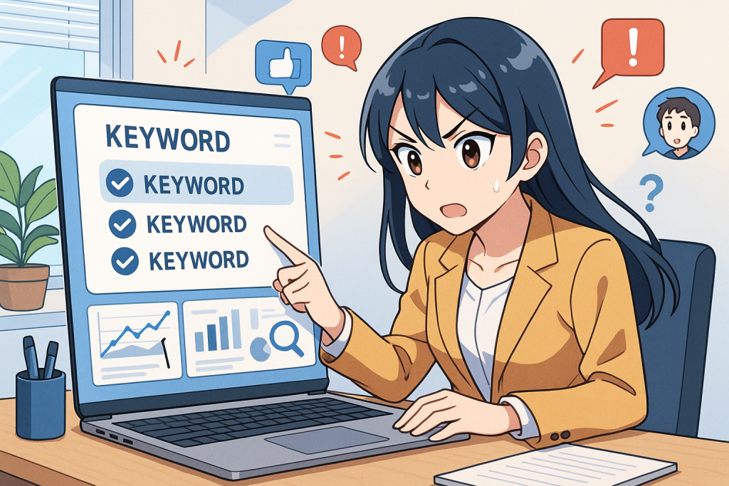 Illustration of user selecting keywords in a minimal office desk setting, with a determined mood.