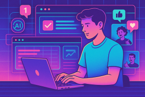 Illustration of person typing on laptop in a digital dashboard interface setting, with a creative mood.