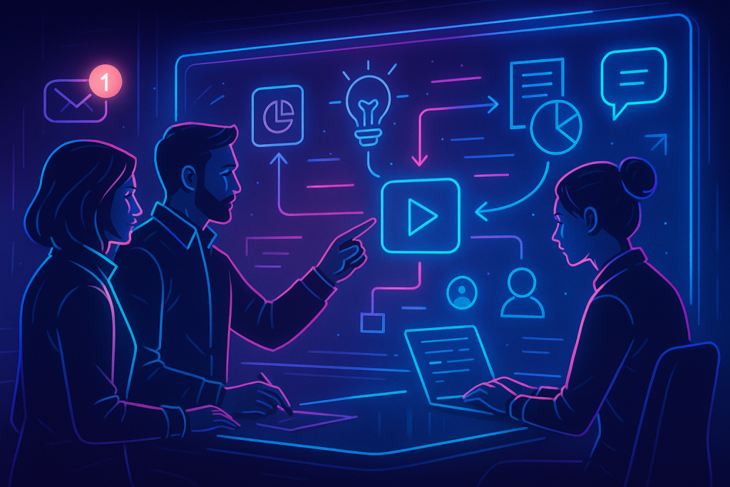 Illustration of team planning content in a whiteboard workflow sketches setting, with a focused mood.