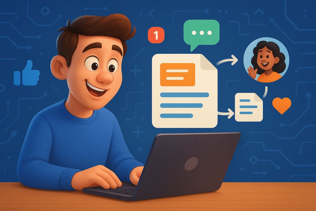 Illustration of graphic showing blog post flow in a abstract tech patterns setting, with a relaxed mood.